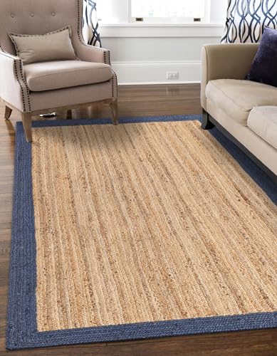 Handmade Jute Area Rug with Navy Border (7x10)