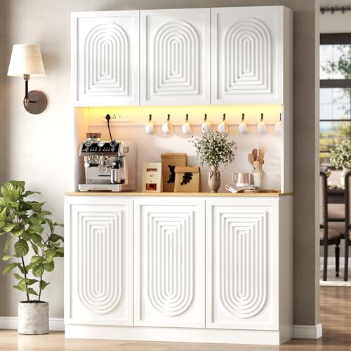Image of 71 inch Black Kitchen Pantry with Power Outlet & LED Light, Large Kitchen Hutch Cabinet with Adjustable Shelf, Modern Buffet Cabinet with 6 Doors, Food Pantry Storage for Dining Room (White 6 Doors)