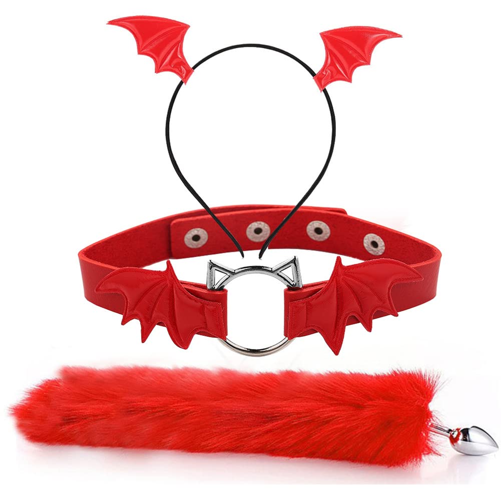 3PCS Animal Cosplay Costume Furry Fox Tail Plug Cute Ears Headband Bat Style Neck Collar Set For Halloween Party (Red)