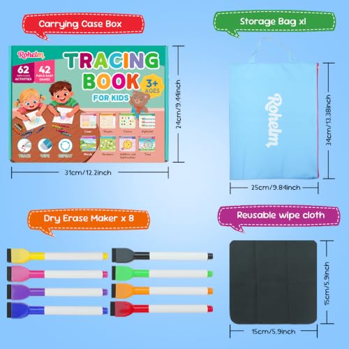 Rohelm Preschool Learning Activities Book, Tracing Books for Kids 3+, Toddler Handwriting Practice, 62 Reusable Preschool Learning Activities Workbooks, Educational Learning Toys for 3 Year Old — view 2
