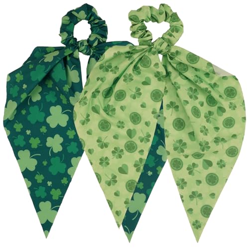 St. Patrick's Day Hair Ties Set, 2 Piece Shamrock Knotted Bow Scrunchies with Long Tail, Irish Cheer Hair Ties for Holiday Celebration