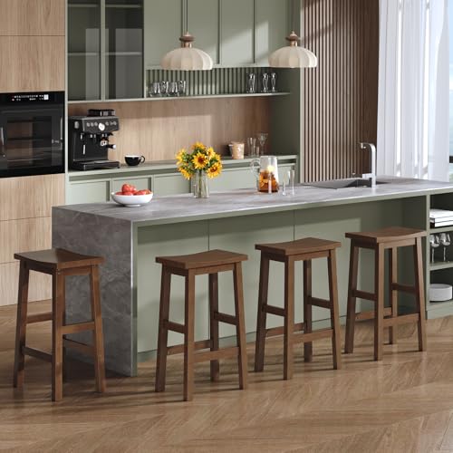 HOOBRO Bar Stools, Set of 2 Bar Chairs, Counter Height Bar Stools, Bamboo Kitchen Stools, 24 Inch Saddle Stools with Footrests, for Kitchen, Dining Room, Bar, Living Room, Mocha MA03MD01G2