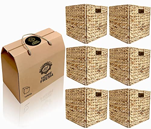 Home Fresh Large 6 Pack 12.5×12.5×12.5 Inch Natural Woven Water Hyacinth Storage Organizer Basket Bin – Collapsible -for Cube Furniture Shelving Wicker Baskets ,Square Rattan Bins For Storage shelves