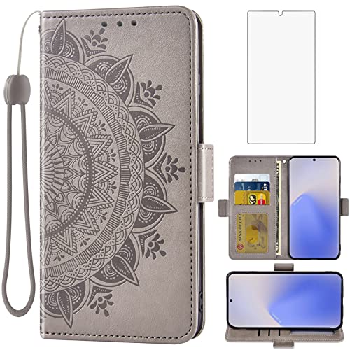 Compatible with Samsung Galaxy Note 20 Glaxay Note20 5G Wallet Case Tempered Glass Screen Protector Card Holder Flip Wrist Strap Cell Phone Cover for Gaxaly Notes 20s Twenty Not S20 Grey