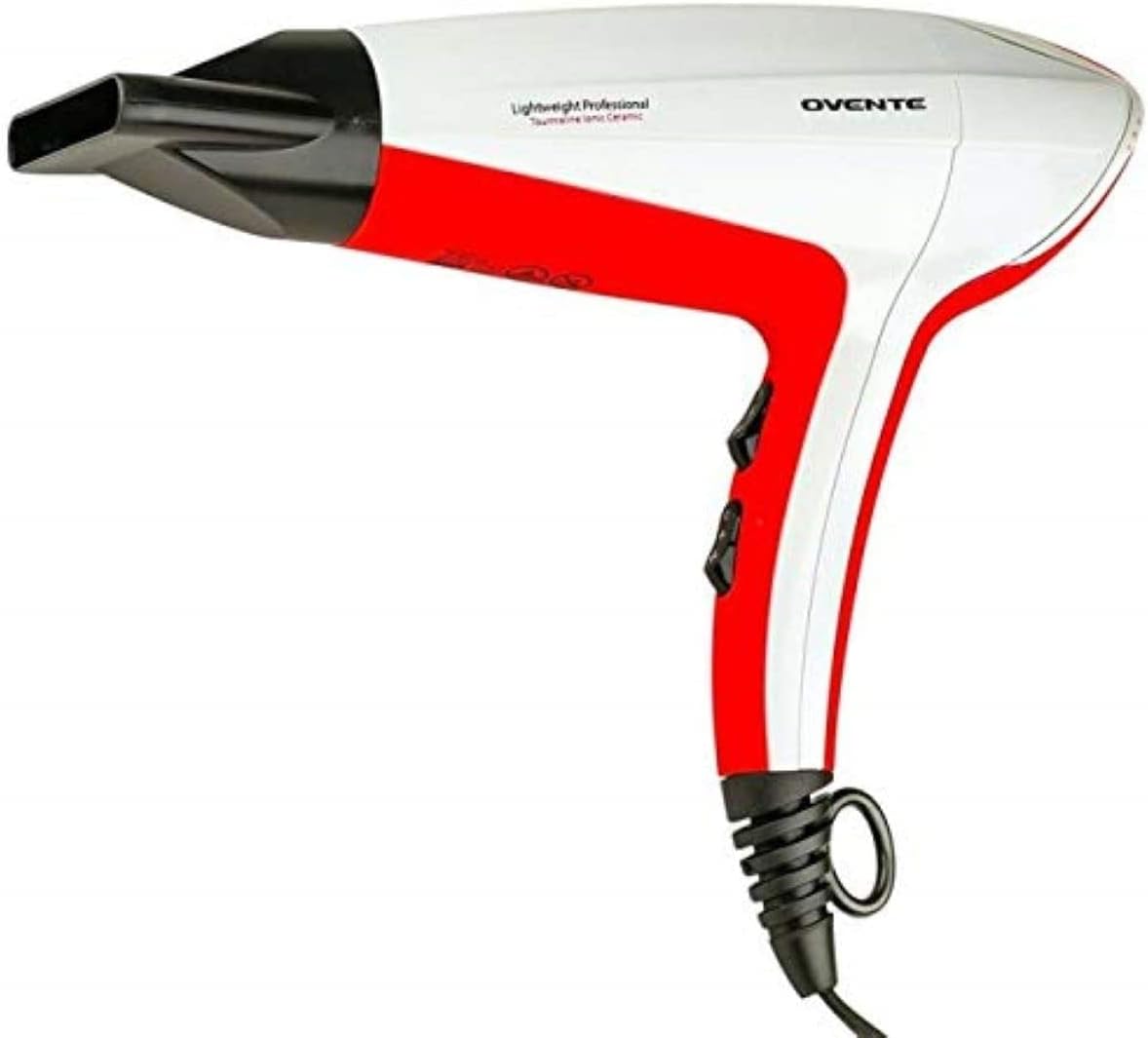 Ovente 1875 Watt Lightweight Hair Dryer, Ionic & Tourmaline Technology, Ideal for Body, Volume & Smoothing, Concentrator Nozzle Attachments for Home, Travel, or Professional Use, White & Red X2210W