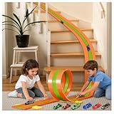 Flexible Autorennbahn,5 m inklusive 6 Autos,Rennstrecke Auto-Autobahn Kinder rollt auf DREI Rennbahn-Rampen,tragbar für Innen Außen geeignet,Autorennbahn Track für 1:64 Autos,Geschenk ab 3+Jahren