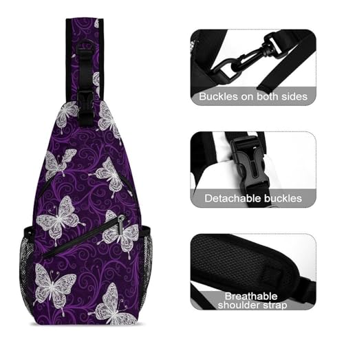 Fashion Traveling Running Casual Chest Bag, Dress Decor Sling Backpack, Shoulder Bag Casual Day Pack Purple Butterflies3