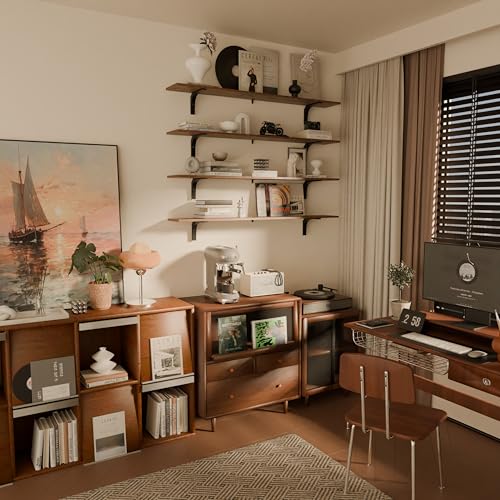 Image of Rustic Wood Floating Shelves Set of 4, 48Inch Long Wood Rustic Farmhouse Wall Shelves, Easy-to-Install Hanging Shelves for Living Room, Kitchen, andBathroom, 50lbs Capacity (Brown, 4T48IN)