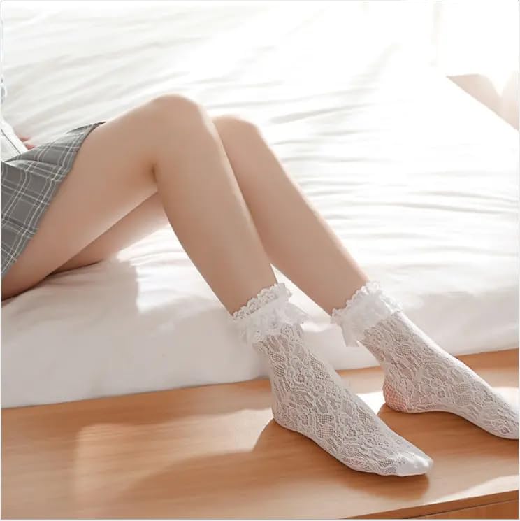 Image of Lace Socks for Women Ankle Ruffle, White Ruffle Frilly Dress Sexy Gothic Lolita fashion Sock,Mesh Ankle High for Young Girl