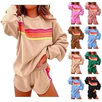 2 Piece Lounge Sets for Women Rainbow Striped Outfits Casual Long Sleeve Sweatshirt Shorts Trendy Matching Sweatsuit