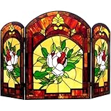 Chloe Lighting Floral Design 3pcs Folding 42" Wide Iggy Tiffany-Glass Fireplace Screen, One Size