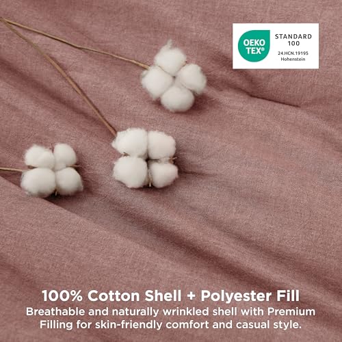 Image of Bedsure Comforter Set Queen Size - Cotton Fabric with Microfiber Inner Fill, Pink Clay PureWoven Soft Bed Set for All Seasons, 3 Pieces, 1 Comforter (90 inch x 90 inch) and 2 Pillow Cases (20 inch x 26 inch)