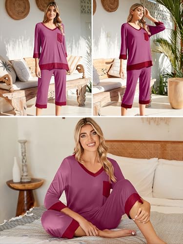 KORSIS Womens Pajama Sets Fall 2 PJ Set Stretchy Sleepwear Purple Red Medium 3/4 Sleeve Tops and Waist Adjustable Capri Pants with Pockets — view 5