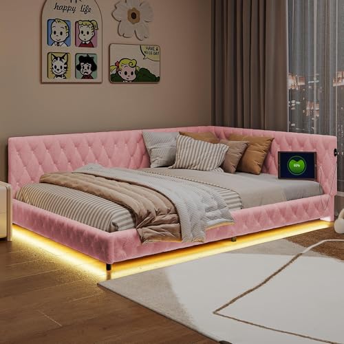 Mutuolux Lit rembourré 140x200,canapé en Velours,lit Double avec éclairage LED et Port USB,(Matelas Non Inclus),Lits 2 personners,adapté aux Adultes et aux...