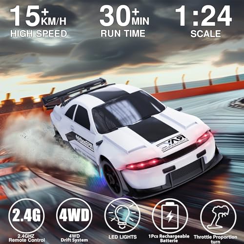 Image of RC Drift Car 1:24 Remote Control Car 4WD 15KM /H High Speed Racing Sport Car with LED Lights RC Cars Toy for Kids Boys Girls Adults Gifts Birthday Christmas