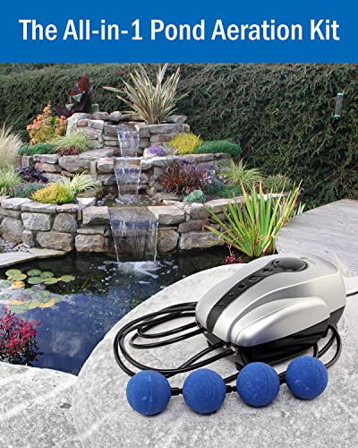 Pond Aeration Kit – Aquamiracle Pond Air Pump Kit Koi Pond Aerator For Pond Up To 2000 Gallons Pond Deicer All-In-One Pond Aeration System With Double Outlet Airline Tubing Air Stones Check Valves #TOP3
