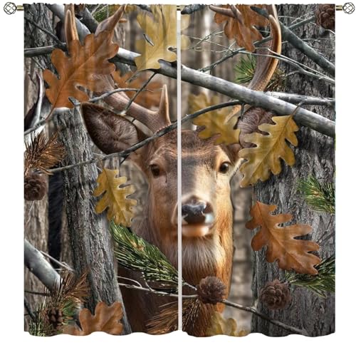 Yearn Jear Forest Camouflage Deer Curtains, Forest Camo Oak Branches Leaves Mossy Hunting Lodge Camp Cabin Theme Windows Door Curtain for Bedroom Living Room Home Decor 42x45in Blackout