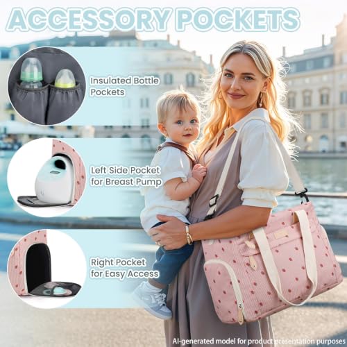 Image of Pritent Diaper Bag Tote for Working Mom, Large Travel Diaper Tote for Mom and Dad with 14 Inch Laptop Sleeve, Mommy Maternity Travel Baby Bag for Boys and Girls, Pink strawberry