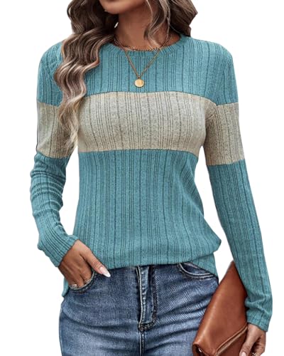Image of SherryDC Women Long Sleeve Tunic Shirts Lightweight Thin Sweater Color Block Ribbed Casual Crewneck Fall Top