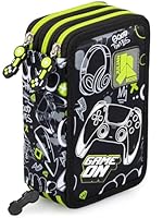 Julian Ross 3-Fach Federmäppchen – 45-teilig, komplett gefüllt – mit 2 löschbaren Gelstiften, Schere, Kleber, Buntstiften – Schwarz und Grün – ideal für Schule & als Geschenk, Gamer