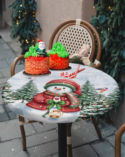 Fitted Tablecloth for Round Table,Snowman Christmas Tree Table Cover with Elastic Edge Waterproof Tablecloth,Winter Snowflake Pine Cones Farm Plank Circle Covers for Kitchen 36-44in – Image 5