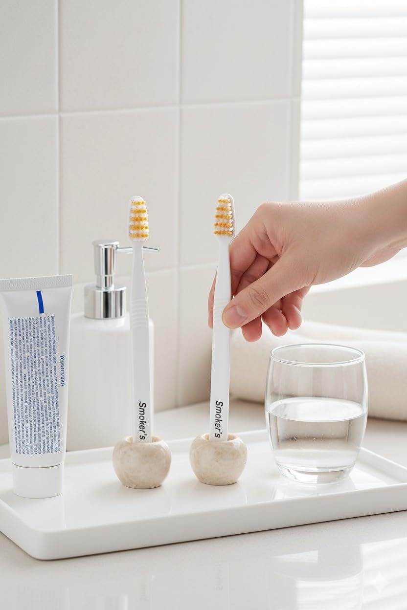 Mini Toothbrush Holders for Bathrooms 1.2 Inch Beige Marble Tooth Brush Holder Set of 2 for Bathroom Organizers and Countertop Storage Accessories, Sink, Gifts & Vanity Decor - Image 2