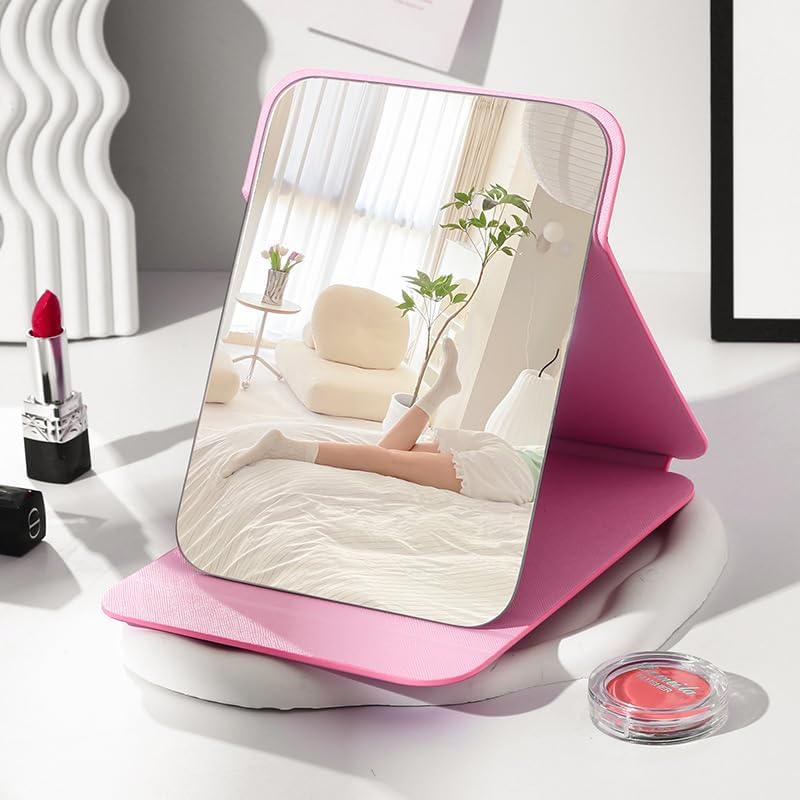 Image of Folding Portable Makeup Mirror with Adjustable Stand | HD Frameless Beveled Design | Travel-Friendly PU Leather Vanity Mirror for Desk, Dresser & Bathroom,Rectangular (Pink Round Edge Mirror)