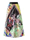 KUFV Women's Floral Graffiti Pleated Long Skirts Vintage Cartoon Printed Elastic Waist A-Line Swing Midi Skirt