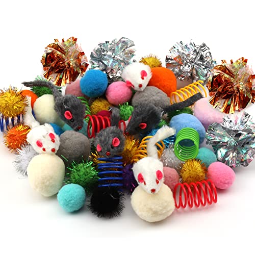 Pietypet 60 Packs Cat Toys Balls Set Spiral Springs Assorted, Kitten Ball Toys Assortments, Sparkle Ball, Cat Mouse Toy, Cat Crinkle Balls, Cat Springs, Furry Cat Toys Balls Soft Pom Pom Balls #TOP7