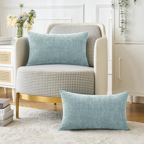 Image of MIULEE Pack of 2 Light Blue Throw Pillow Covers 12x20 Inch Soft Chenille Lumbar Pillow Covers for Sofa Living Room Spring Home Decor Couch Solid Dyed Cases