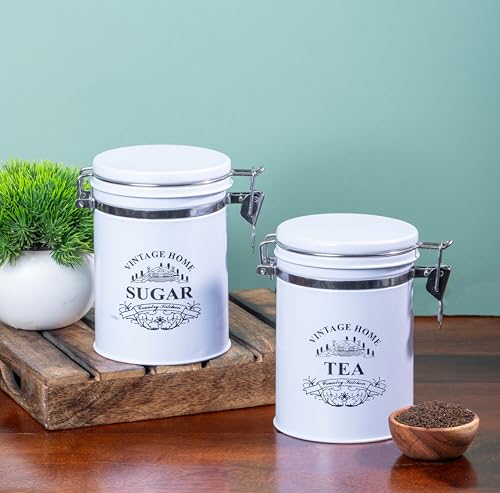 Image of Metallure Home Clip-Lock Round Classic Tea Sugar Container Set of 2 | Metal Container for Kitchen Storage | Airtight Jar Set | Food-Safe Tea Jars for Kitchen (White)