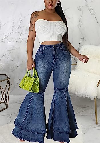 Cute Bell Bottom Jeans for Women High Waist Flare Jeans Patchwork Pleated Layered Ruffle Hem Wide Leg Denim Long Pants2