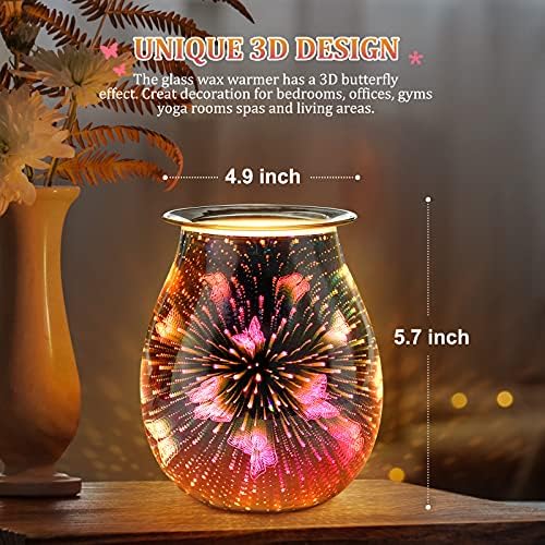 JUMKEET Glass Oil Burner Electric Wax Melt Burner, Candle Warmer Melter Essential Oil Fragrance Burner, Night Light Aroma Decorative Lamp for Home Office Bedroom Living Room Gift - 3D Butterfly Design