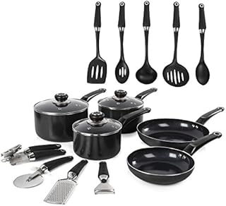 Morphy Richards Equip 14 Piece Cookware Set (3 Pots+ 2 Saucepans + 9 Utensils), Black, Aluminium