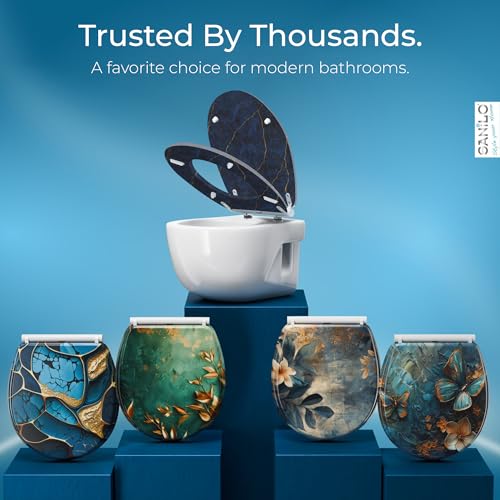 Image of Sanilo Wooden Toilet Seat with Quick Release & Soft Close [ROUND] - Decorative & Slow Close Molded Wood Seat - With One Click for Easy Installation & Cleaning - With Adjustable Fit (Marble Darkblue)