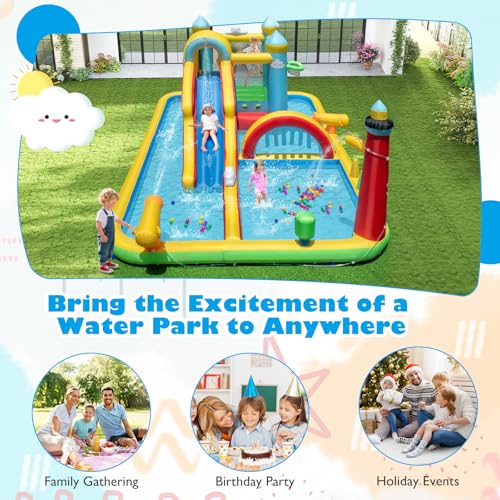 BOUNTECH Inflatable Water Slide, Kids Mega Water Park Bounce House w/Long Slide, Jumping Area, Climbing Wall, Water Cannons, Blow up Water Slides for Big Kids Outdoor Backyard (with 750W Air Blower)