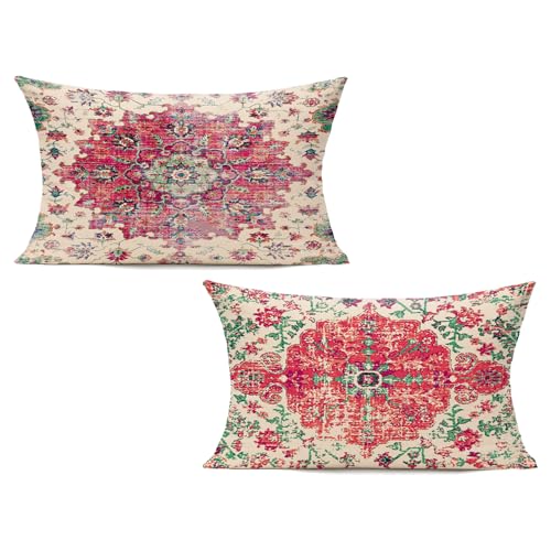 VAKADO 12X20 Set of 2 Lumbar Pink Throw Pillow Covers Boho Decorative Pillows for Couch Red Farmhouse Outdoor Cushion Covers Vintage Rust Coral for Home Decor Living Room