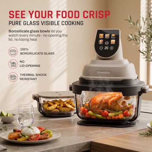 Image of Domestica Aerion Air Fryer | Pure Glass Visible Cooking | 4L + 1.5L Dual Bowl | 5 in 1 Airfry, Bake, Recrisp, Keep Warm | Dishwasher Safe | Soft Touch Button Controls | 1500W | 1 Yr Warranty