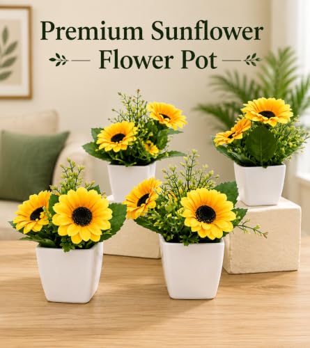 Image of Artificial Sunflower Bonsai, Fake Flower Pot (Pack of 4) Artificial Plant for Home Decor & Office Decor, Indoor Plant, Faux Plants for Balcony Decoratin & Living Room Decoration, Gift Item