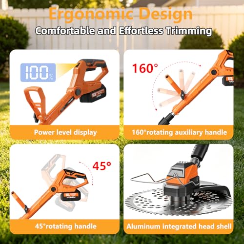 Image of 3-in-1 Electric Weed Wacker Cordless with Wheel, 20000RPM Brush Cutter /String Trimmer /Grass Trimmer /Edger Tool, 2 x 4000mAh Batteries, 90 Adjustable Handle, Powerful Lightweight Garden Tool (Orange)
