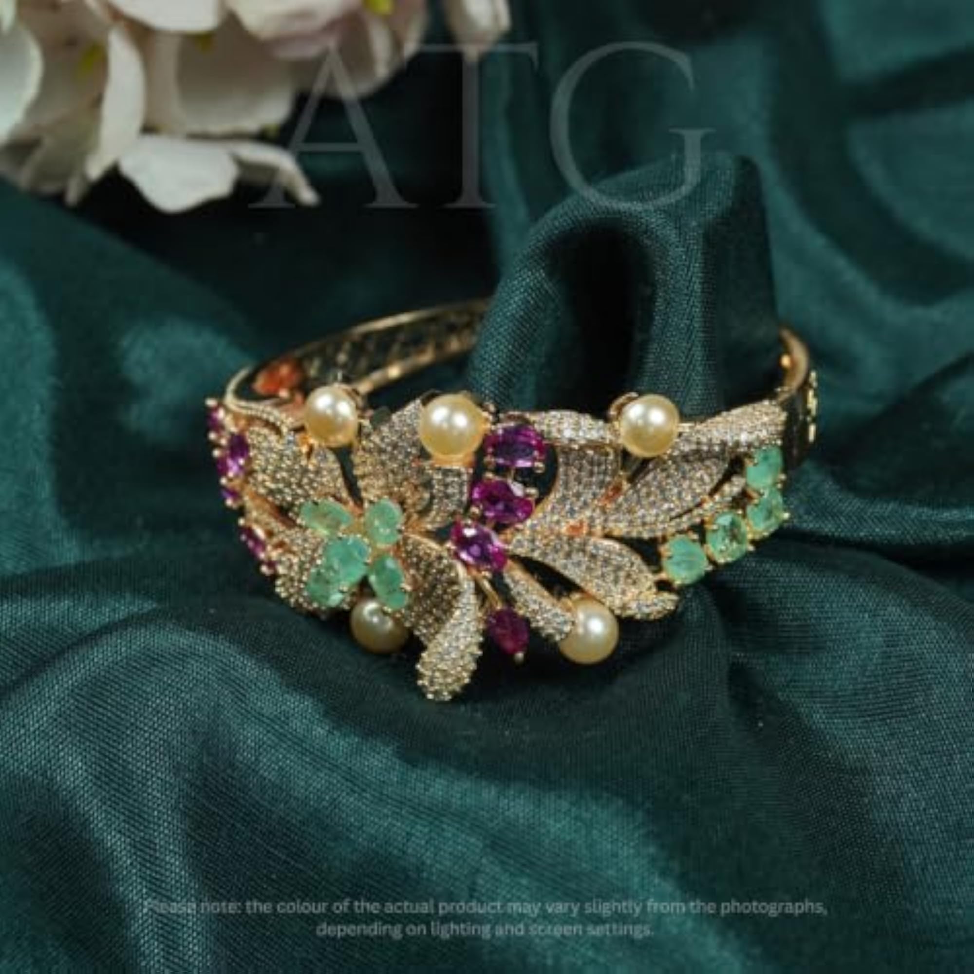 Gold Plated AD Studded Floral Statement Kada Bangle, Elegant