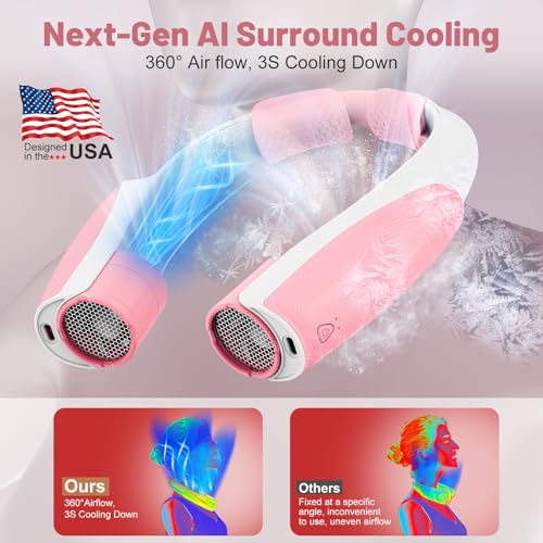 Image of AI Portable Neck Fan with 6 Powerful Speeds, 8000mAh Battery Operated USB-C Rechargeable Fan, Hands-Free 360 Cooling Neck Fan,Twistable,Ultra-Quiet Personal Fan for Women Mother Office Travel(Pink)