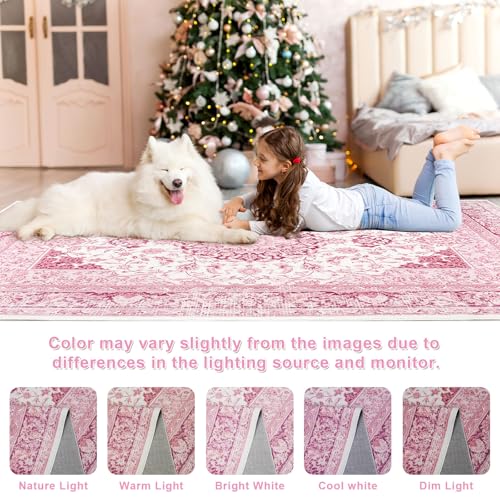 Macgace 5x7 Washable Rugs for Living Room, Faux Wool Vintage Rug for Bedroom Dining Room, Low Pile Soft Boho Floor Covering Carpet Retro Distressed Medallion Mat Traditional Interiors, Pink - Thumbnail 6