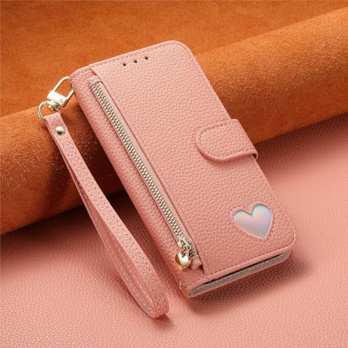 Étui Galaxy S25 Ultra rose à rabat avec fermeture éclair et portefeuille