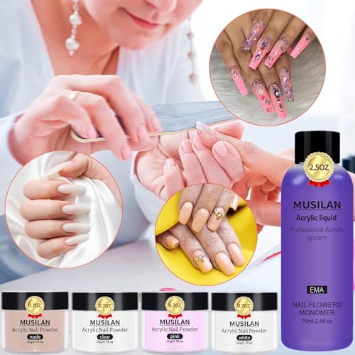 MUSILAN Professionelle 75ml Acrylflüssigkeit für Nägel, Monomer für Anfänger Nagelexperten DIY Nail Design, Acryl Nagelset mit 20g*4 Farben Acrylpulver Acryl Pinsel Nagelformen Crystal Cup Nail File