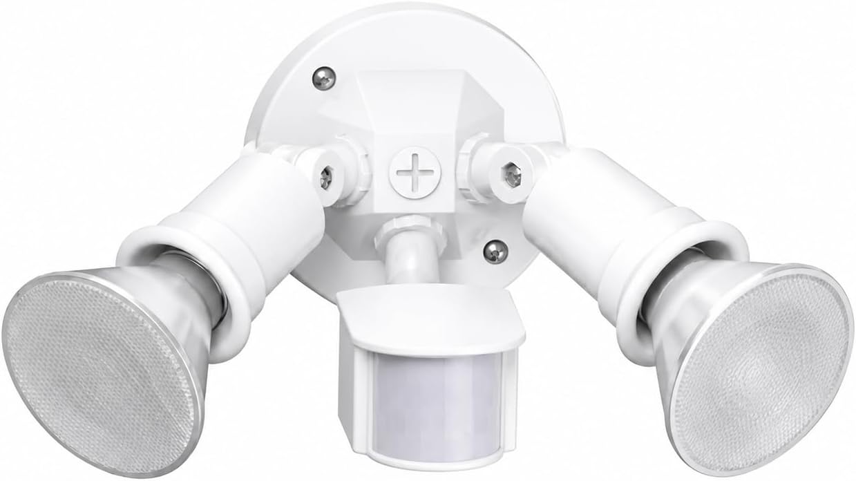 Motion Sensor Outdoor Light, 300W Waterproof Twin E26 PAR38 Holder | Motion Sensor Twin Heads: Auto activation, swivel E26 PAR38 sockets to adjust lighting angles（Bulbs not include）