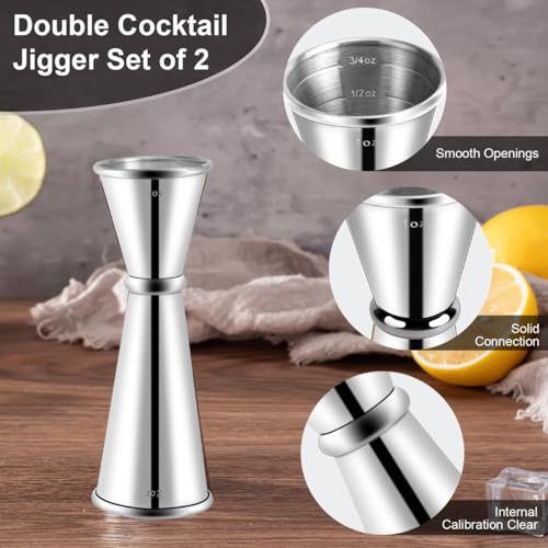 Image of Briout Jigger and 2 Pourers, Double Cocktail Jigger Japanese Premium 304 Stainless Steel Jigger 2 OZ and 1 OZ with Measurements Inside