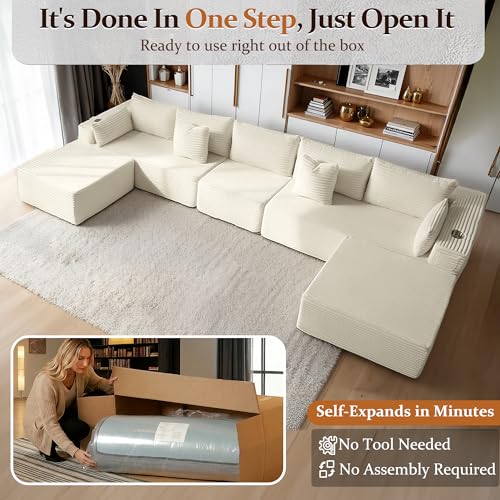 Image of 168 inch Cloud Sectional Couch, Comfort U Shaped Sofa for Living Room, Extra Deep Seats No Assembly, Minimalist Modular Couch, Corduroy (Cream, 7 Seats,U-Shape A)