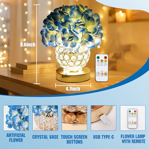 Image of 3 Color Artificial Blue Hydrangea Flower Lamp Night Light Desk Lamp for Bedroom Bar Coffee Shop Living Room Decor, Ideal Gifts for Women Mom Wife Friend Birthday Christmas Mothers Valentines Day
