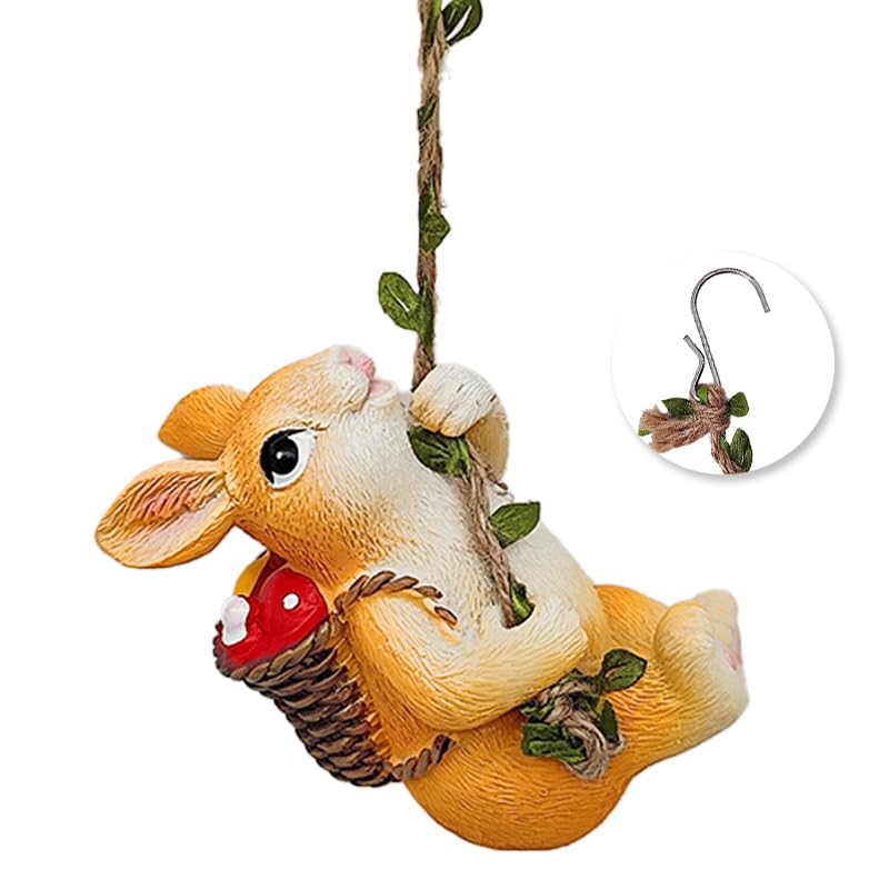 Image of HASTHIP Cute Resin Climbing Bunny Decor with Rope and Basket of Mushrooms for Planter or Garden Hanging, Adorable Rabbit Figurine for Indoor Outdoor Home Decoration